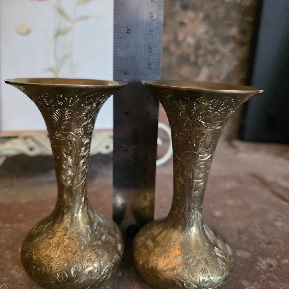 Vintage Brass Bud Vases Set of 2 Hand Etched Floral Made in India Gold Boho MCM